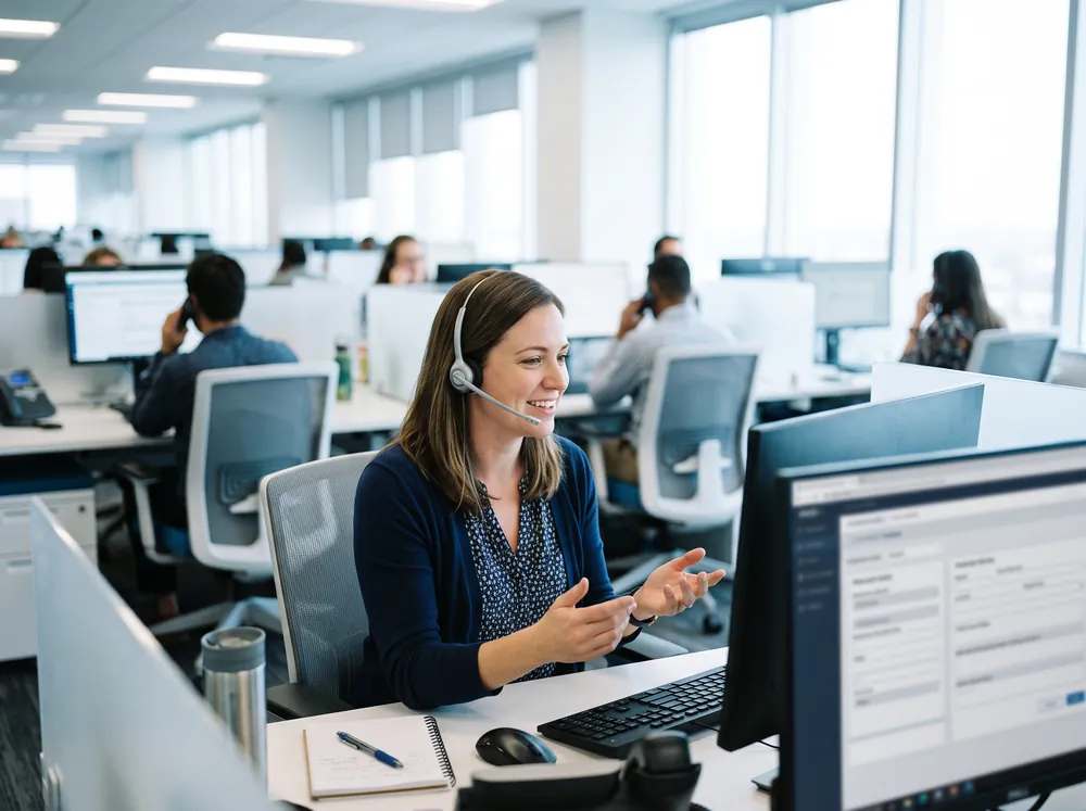 A smiling intake agent with a headset taking a call in a bright call center