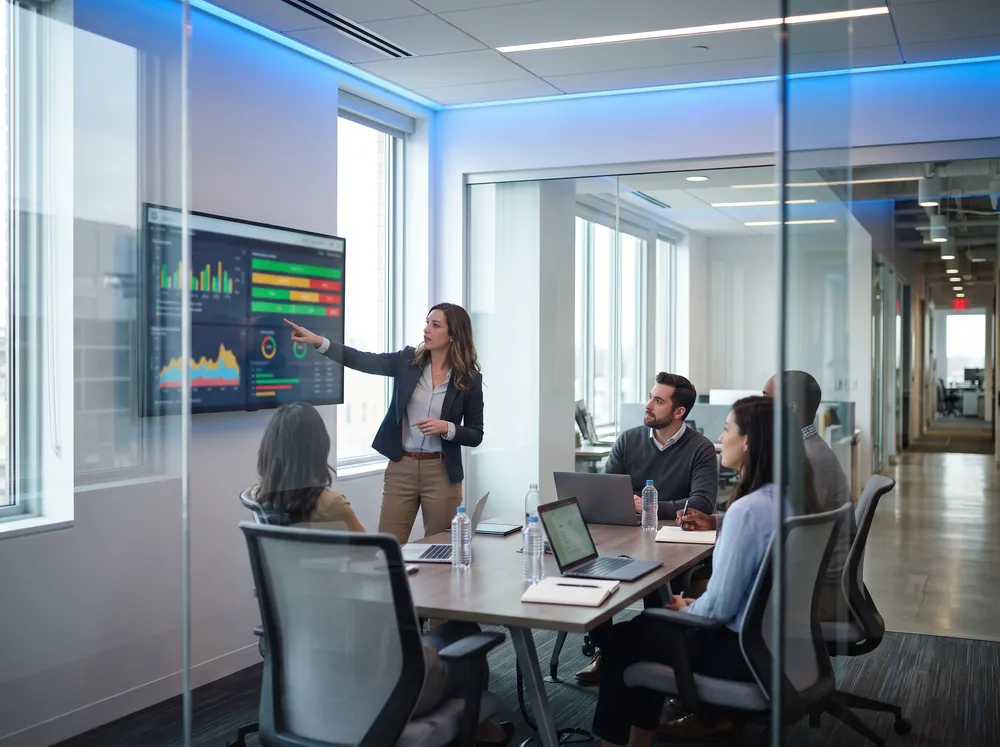 A team reviewing call quality bars on a wall screen in a meeting room
