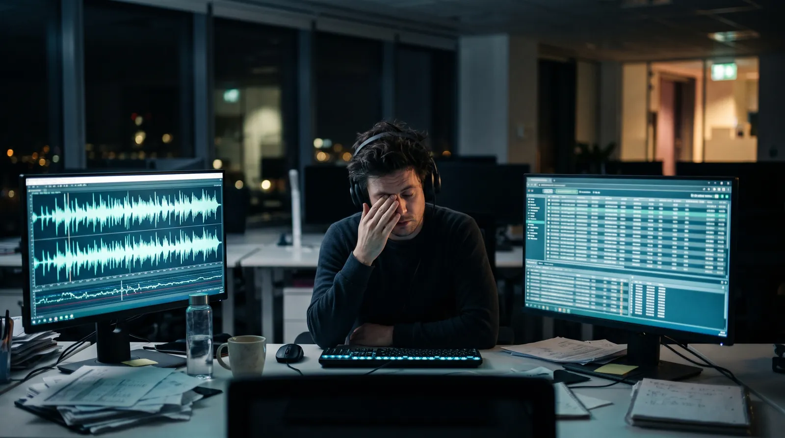 An analyst with headphones rubbing his eyes late at night in front of screens full of call recordings