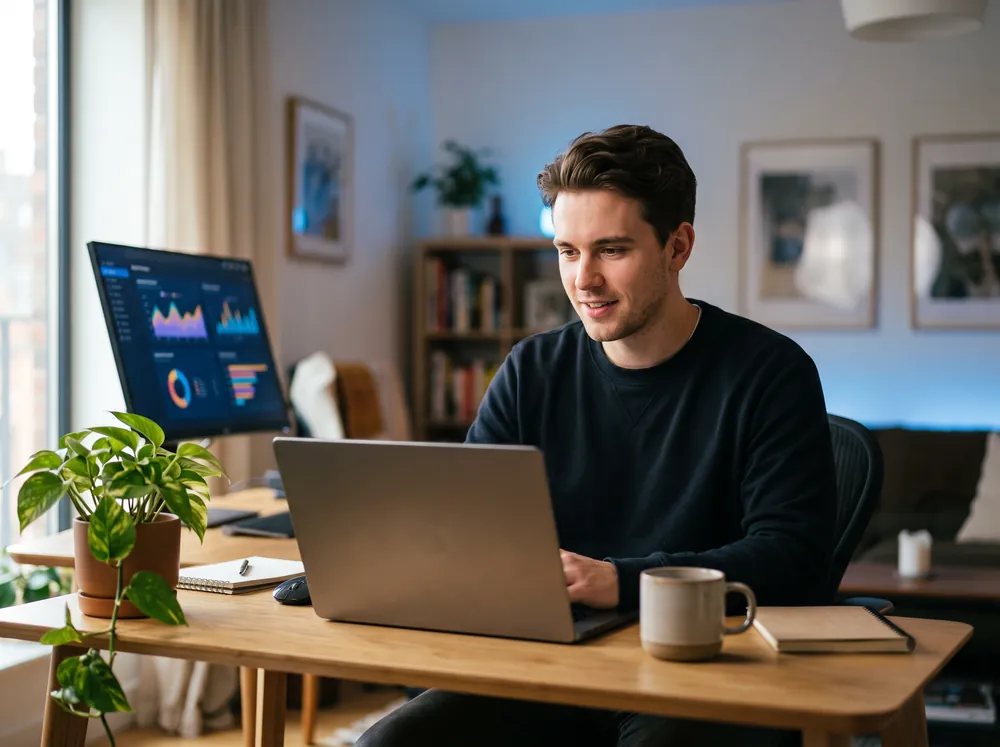 A marketer reviewing campaign charts on a laptop at home